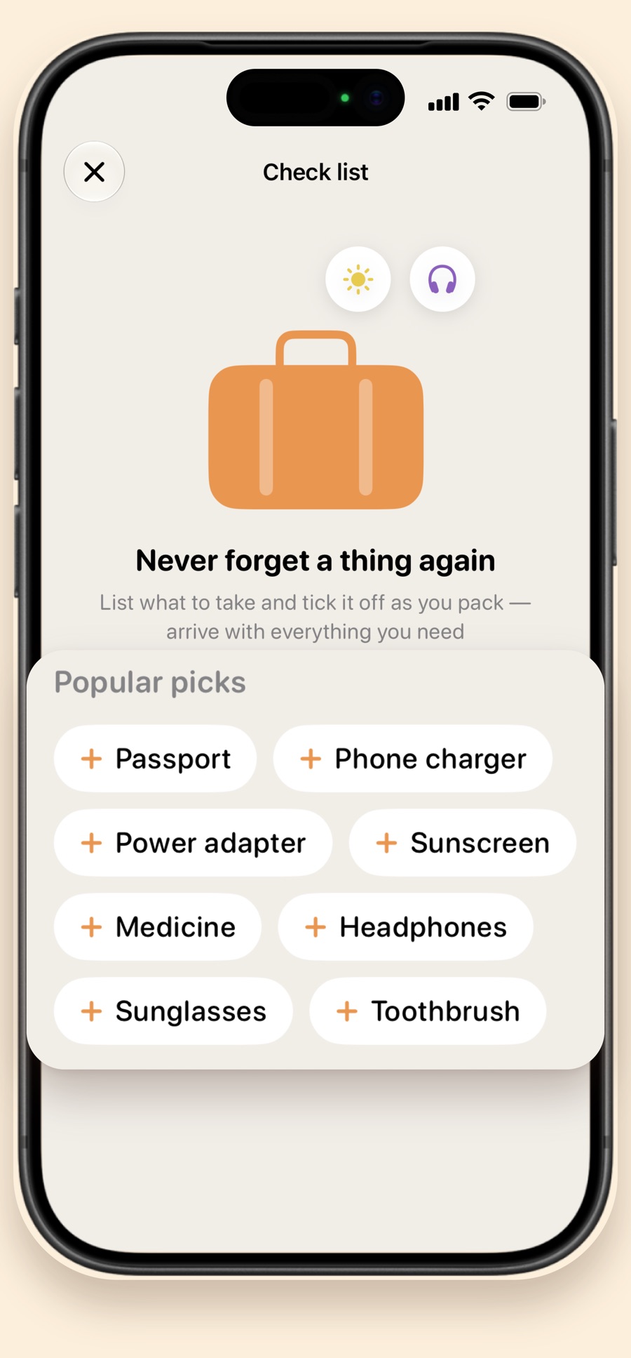 A packing list with popular picks: passport, phone charger, power adapter, sunscreen, medicine, headphones
