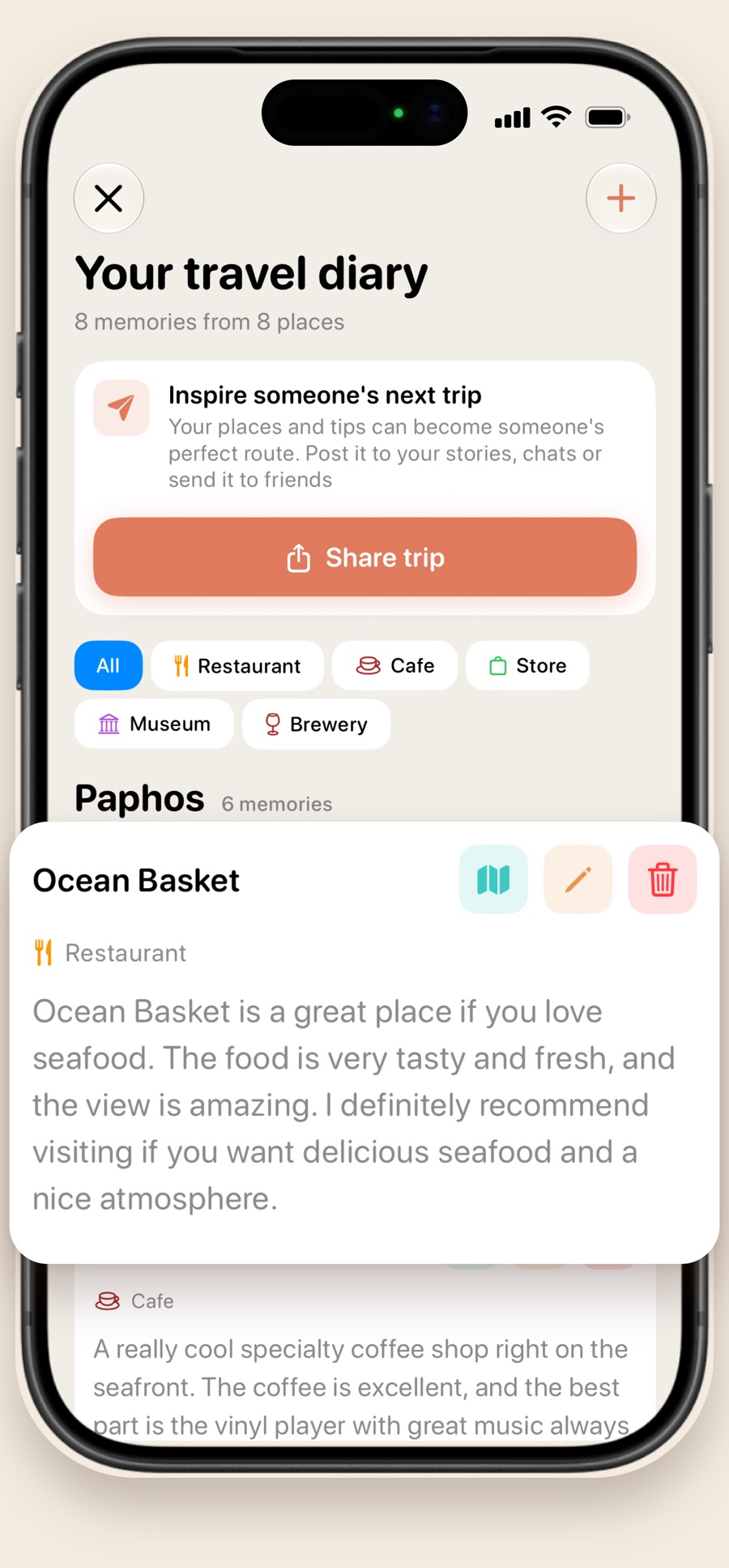 Your travel diary: 8 memories from 8 places, with a memory of Ocean Basket in Paphos