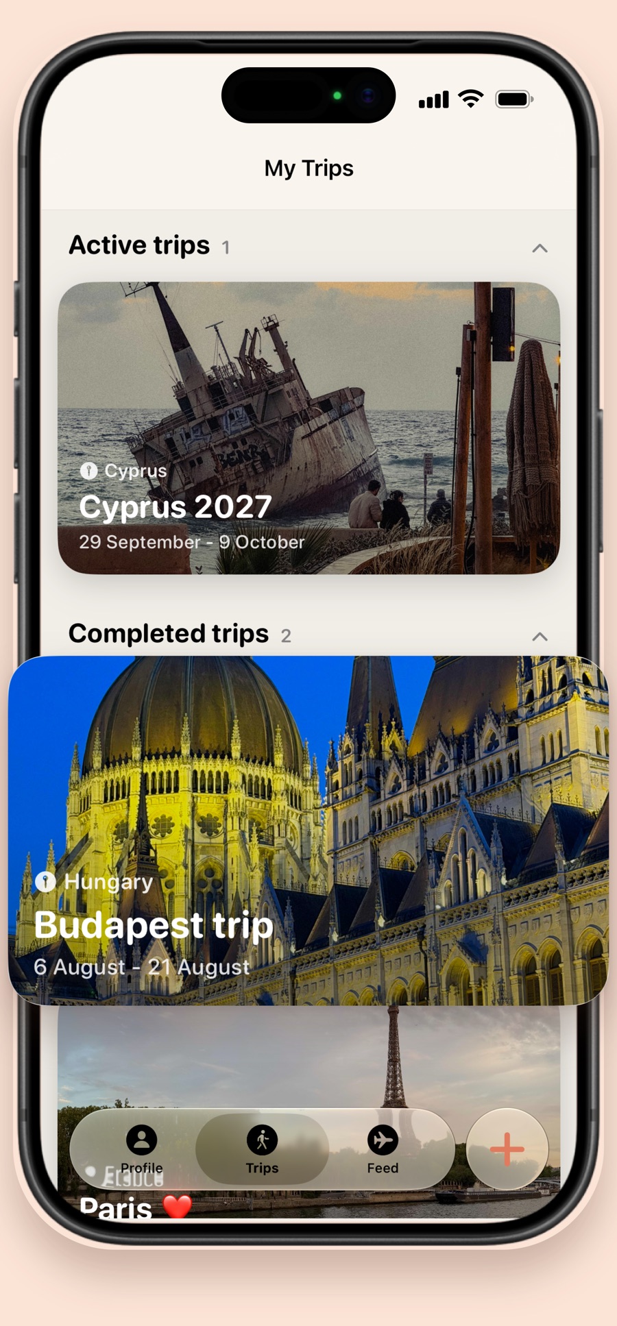 Travelino on iPhone: the My Trips screen with trips to Cyprus, Budapest and Paris